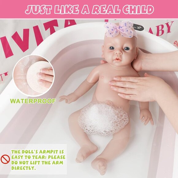 🆕20 inch Full Body Silicone Baby Dolls Girl With Feeding Tools Wears Pholka Dot - Picture 8 of 9